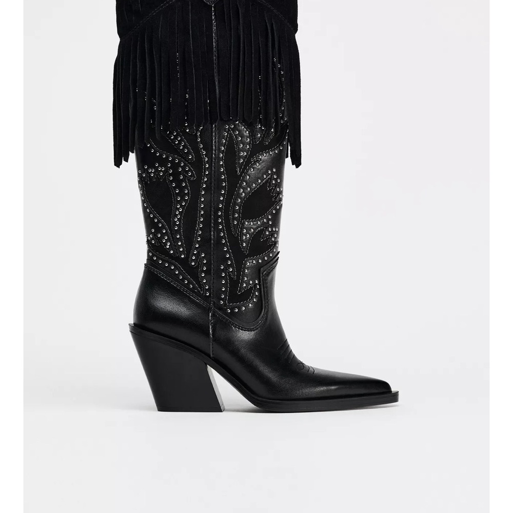Zara Black Fringed Cowboy Boots